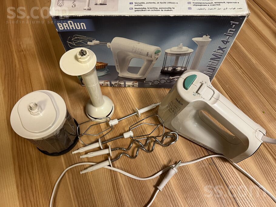Pārdodu Braun Multimix 4-in-1 virtuves kombaini - mikseris, mīklas maisītājs, blenderis, zaļumu smalcinātājs. Viss darbojas u ...